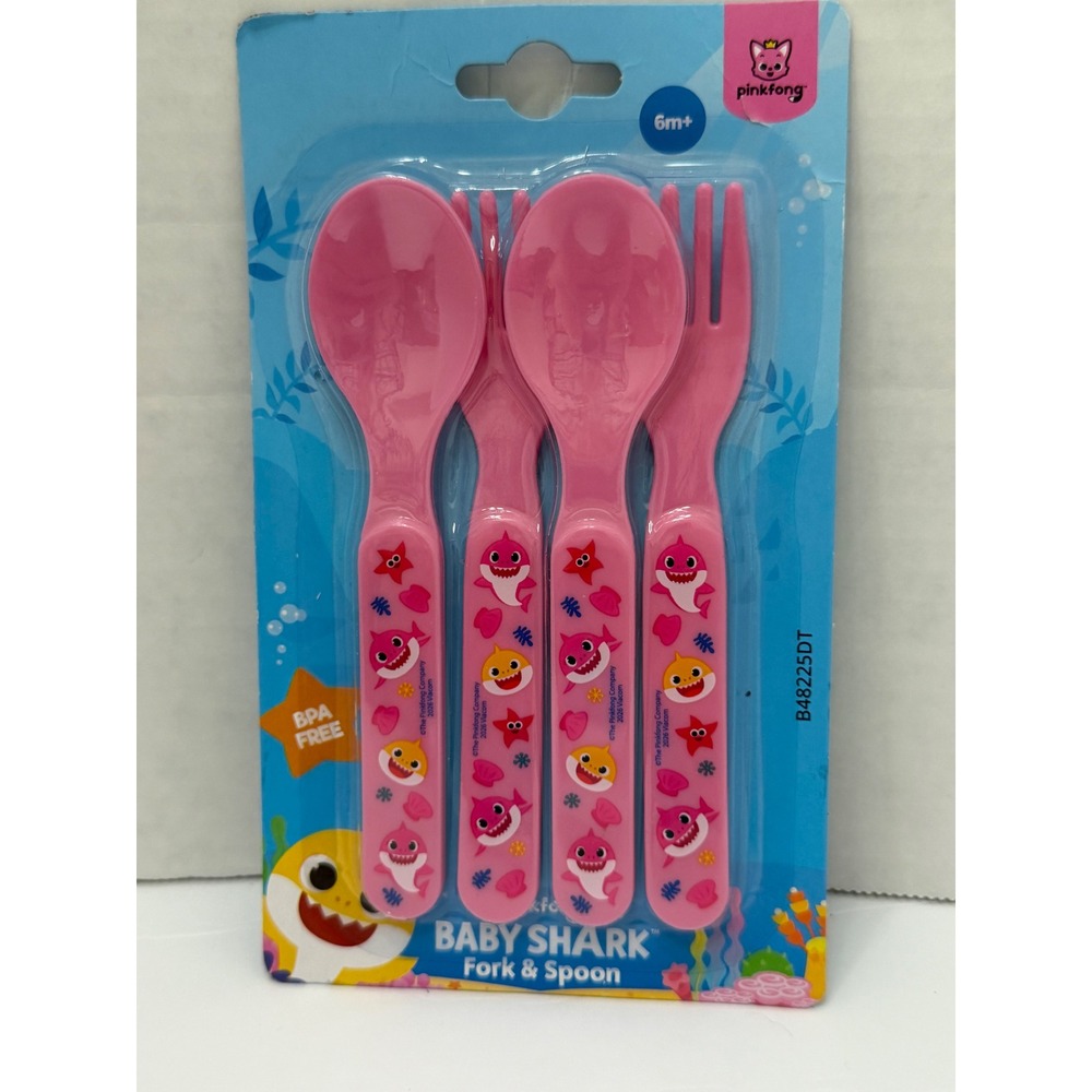 Pinkfong Baby Shark Fork and Spoon Set Pink 4 Piece BPA Free Toddler Utensils